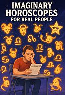 Imaginary Horoscopes for Real People mage of a weary man sits at a folding table labeled “Horoscopes,” surrounded by glowing zodiac symbols floating like mischievous spirits. One takes a selfie, another sips a martini, while others scowl, yawn, or wear sunglasses against a deep cosmic background framed in red.