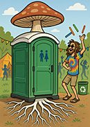 A person standing outside a mushroom port -a-potty.an illustration  for Book of Daze: Mushroom Port-a-Potty Day