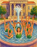 A baby curiously touching a man's face while he lies on grass.