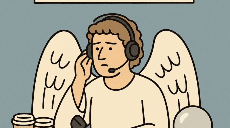 An angel at a horoscope support desk with a phone and crystal ball.