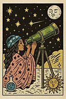 A vintage-style illustration for unhinged horoscopes: a female astrologer with long dark hair and light brown skin, wearing a pink star-covered robe and a blue starry turban, gazing through a large green telescope mounted on a wooden tripod. She’s surrounded by cosmic elements: a smiling moon, yellow stars, a comet streaking across a black sky, a bubbling blue potion flask, and a serene sun with a face.