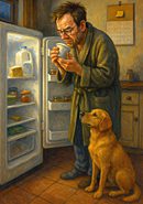 A rumpled man in a bathrobe sniffs a questionable tub of yogurt in front of an open refrigerator while his Labrador waits expectantly below, a humorous scene for Book of Daze: Ignore the Expiration Date.