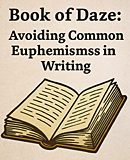 Vintage parchment-style background featuring large serif title “Book of Daze: Avoiding Common Euphemisms in Writing” with an open illustrated book below.