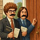 Two men in vintage costumes holding documents, posing indoors.