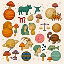 A whimsical zodiac illustration featuring planets, star signs, and colorful mushrooms arranged on a light background, symbolizing a playful cosmic take on a Magic Mushroom Micro-dose theme, purely fictional and artistic.