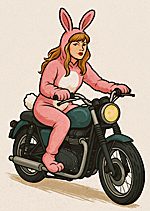 A woman in pink riding a black motorcycle.