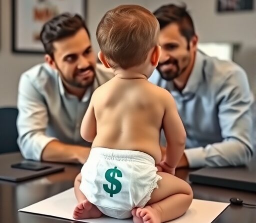 A baby with a dollar sign diaper sits on a table as two men watch.
