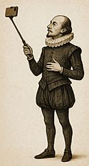 An Elizabethan figure holding a selfie stick, symbolizing the struggle to be authentic; to thine own self be true.