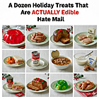 A grid of twelve unappealing vintage holiday treats including fruitcake, Jell-O salad, and canned meats.