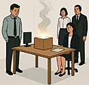 A surreal image depicting an office desk with a box emitting faint smoke, symbolizing Schrödinger’s Cat’s Deadline as coworkers observe in anxious uncertainty.
