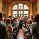 A baby curiously touching a man's face while he lies on grass.
