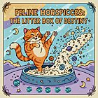 A retro style illustration depicts a joyful orange tabby cat standing in a blue litter box. The cat is kicking up a cloud of litter that transforms into a cosmic swirl of stars, crescent moons, and zodiac symbols against a pastel sky. The text at the top reads Feline Horoscopes: The Litter Box of Destiny in a bold, vintage font.