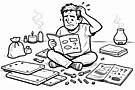 Cartoon illustration of a confused man assembling a final instructions funeral kit on the floor, surrounded by instruction diagrams.