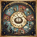 A highly detailed, satirical illustration in the style of a vintage zodiac chart, framed in ornate blue and gold border. The title, "Bird-Brained Horoscopes: Predictions from Your Fine Feathered Friends," is at the top.