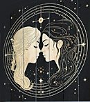 Surreal mirrored twin figures stirring floating zodiac symbols against a pale background, suggesting horoscope mischief.