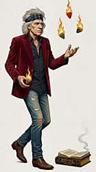 A minimalist, high-contrast illustration of a Keith Richards birthday celebration in which Keith is juggling three flaming guitar picks against a clean, pale background.
