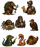 Surreal illustration of ten rejected holiday mascots including Arbor Day Armadillo, Columbus Day Conquistador, Tax Day Tarantula, April Fool’s Day Oracle, Veterans Day Vulture, Independence Day Iguana, and Thanksgiving Tapeworm, each depicted in satirical style on a white background.