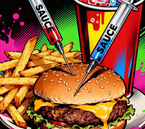 Surreal fast-food tableau with fries and cheeseburger arranged in a clinical setting, representing McDonald’s new menu concept and its satirical McTherapy Meal theme.