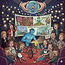 Zodiac movie reviews illustration, surrealistic image of a blue humanoid surrounded by several people in strange poses.