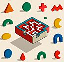A colorful surreal illustration for horoscope puzzles featuring a floating 3D maze surrounded by bright geometric shapes in red, blue, green, yellow, and orange on a pale background.