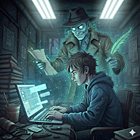 An illustration for the Reddit users article. A lone person sitting in a drab basement hunched over, typing earnestly on a glowing laptop. Looming directly behind is a translucent, ghostly figure representing a lazy journalist.