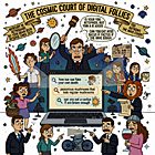 A chaotic, satirical cartoon set against a white background. In the center, a floating laptop displays a search history window with embarrassing queries like "how to fake your own death" and "can you eat a cactus if you are brave enough." Surrounding the laptop are various zodiac-inspired characters in a state of panic.