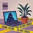 A surreal illustration for a satirical sextortion scandal story, showing a laptop with a shadowy hooded figure on the screen, a potted plant, and yellow crime scene tape in a softly lit room.