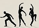 Silhouettes performing exaggerated interpretive walking poses on a pale cream background, illustrating the surreal motion and expressive gestures of Interpretive Walking.