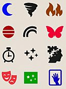 Twelve surreal black zodiac icons on beige background, each symbolizing satirical zodiac predictions with dreamlike imagery.