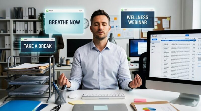 Corporate wellness programs concept showing employee meditating at desk surrounded by wellness app notifications and overflowing inbox