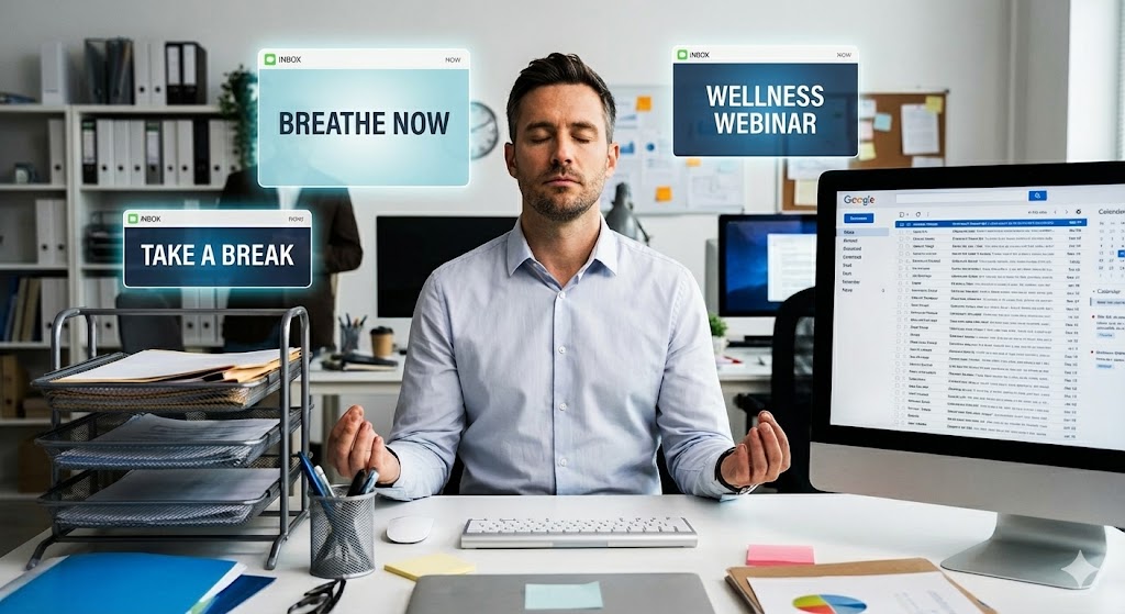 Corporate mindfulness programs concept showing a male employee meditating at a desk surrounded by wellness app notifications and an overflowing inbox