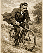 Friedrich Nietzsche riding a vintage bicycle down a quiet road, coat flapping as he pedals with fierce focus, satirically symbolizing work life balance through relentless motion and philosophical defiance.
