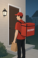 Minimalist illustration of a food delivery services driver at a suburban doorstep at twilight, holding a paper bag and wearing a red uniform backpack.