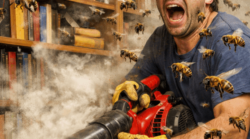 Unique house cleaning tips illustrated by a frantic person using a leaf blower to dust bookshelves while surrounded by a swarm of angry bees, turning household cleaning into a high-stakes chaos scene.