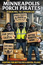 Three masked porch pirates standing on a snowy Minneapolis front porch, holding cardboard protest signs and stacked packages, satirically depicting porch pirates organizing for union benefits and dental coverage.