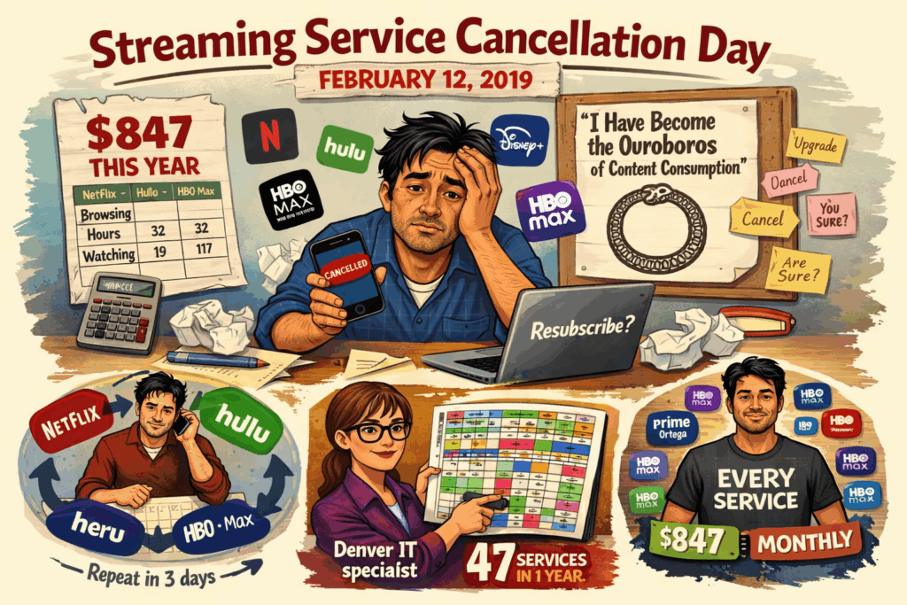 A weary adult sits on a couch surrounded by phones, spreadsheets, and streaming app icons, visually representing streaming service cancellation chaos and subscription fatigue.