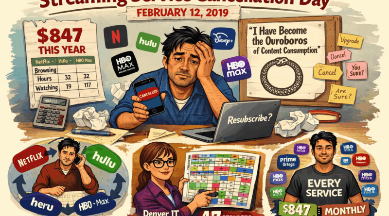 A weary adult sits on a couch surrounded by phones, spreadsheets, and streaming app icons, visually representing streaming service cancellation chaos and subscription fatigue.