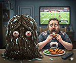 A satirical digital painting designed to inspire a boycott the Super Bowl movement. The scene depicts a middle-aged man in a football jersey, his face contorted in a mask of pure, unadulterated horror as he attempts to consume a buffalo wing. Directly across from him on the dining table sits the "Manscaped Monster"—a wet, sentient mound of tangled dark hair and soap scum that has developed two large, watery, and accusing eyes.