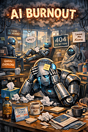 Illustration of a stressed humanoid robot slumped at a cluttered desk, surrounded by tissues, coffee cups, and error screens, symbolizing AI burnout in a modern digital workplace.