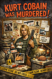 Satirical illustration for Kurt Cobain Was Murdered showing a stylized musician in a mock crime scene with conspiracy board, red string evidence, and exaggerated forensic clues.