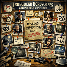Illustrated detective cork board for the Cold Case Unit featuring zodiac symbols, pinned photographs, scattered evidence notes, and intersecting red string connections surrounding a central missing file, evoking a humorous cosmic investigation atmosphere.