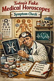 Illustration of a weary doctor reviewing an X-ray with zodiac symbols in a cluttered office, satirizing fake medical horoscopes and symptom checking culture
