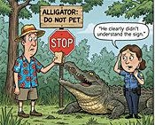 A satirical cartoon illustrating the risks of Florida English-Only Driving laws, featuring a bewildered man in a floral shirt attempting to feed a ham sandwich to a large alligator while standing next to a sign that reads "ALLIGATOR: DO NOT PET" and a red "STOP" sign, as a frustrated police officer looks on.