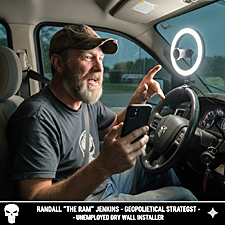 A satirical image of the Nation’s Most Influential Thought Leader, an unkempt man in a baseball cap, filming a geopolitical rant from the driver’s seat of a Dodge Ram with an illuminated ring light.