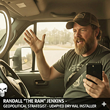 Bearded man holding phone, gesturing in truck