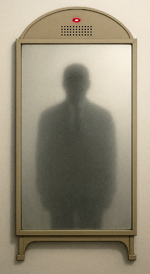 Institutional mirror dominates canvas, reflecting shadowy figure—evokes algorithmic authority and the Emergency Papal Decree.
