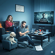 A satirical illustration of a couple sitting on a couch while distracted by digital devices, representing how a shared password for streaming services has become the primary bond in modern relationships.