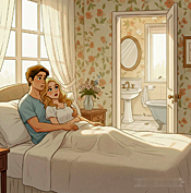 Illustration for Why Nobody Pees on TV, A couple in bed ignoring nearby bathroom. Woman glances anxiously toward open bathroom door showing sink and toilet while man gazes romantically at her.