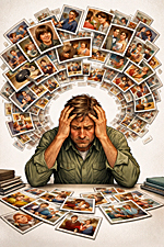 Illustration of a man overwhelmed at a desk as dozens of printed photographs swirl around his head, symbolizing the curse of a photographic memory and relentless total recall.