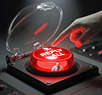 Reply all accidentally button designed as red nuclear launch mechanism with horrified office worker face, illustrating email disaster moment